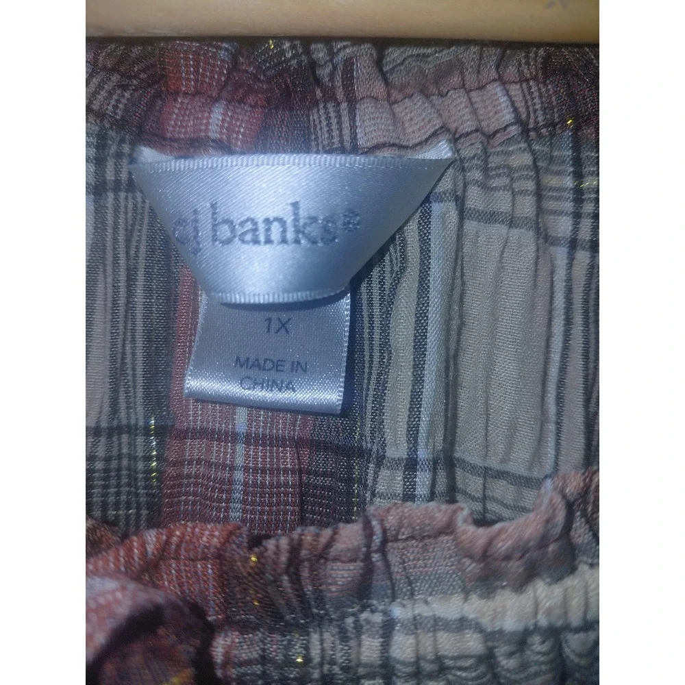 CJ Banks Womens 1X Plaid Peasant Top Metallic Gold Thread Short Sleeve Blouse - Picture 2 of 4
